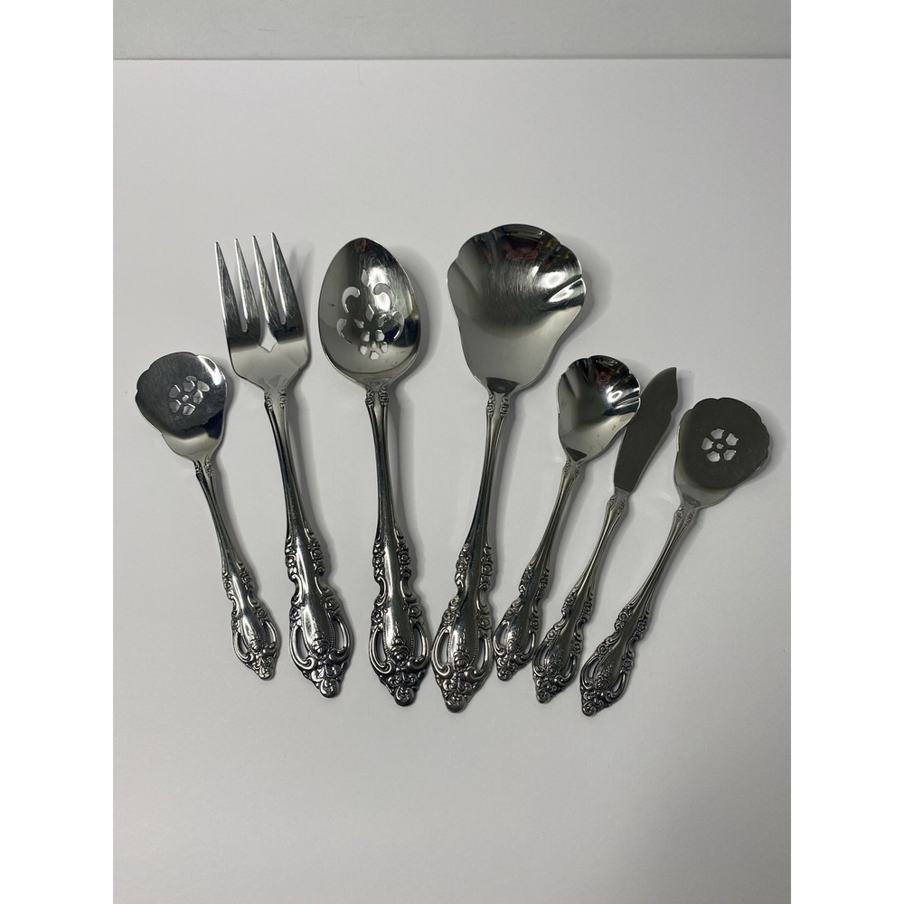 7 - Serving Tablespoon Meat Fork Spoon Pierced Oneida Community BRAHMS Stainless